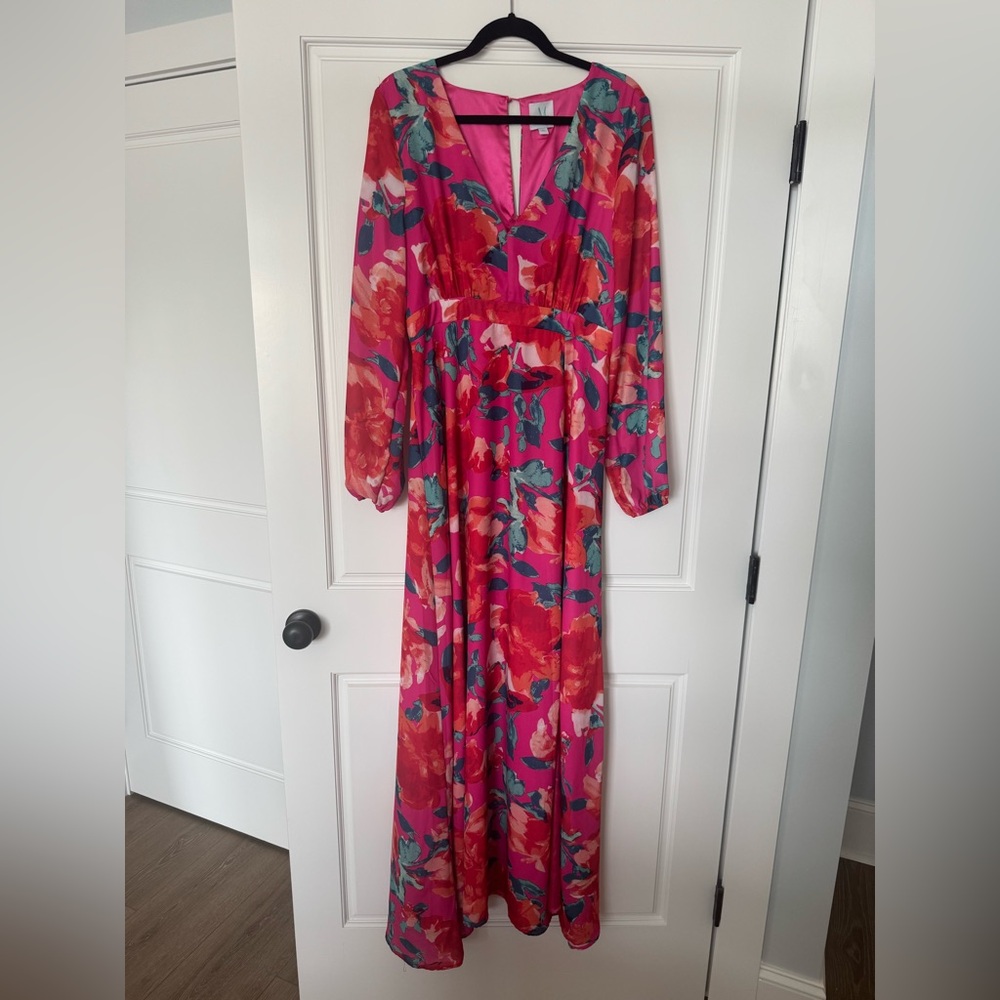Pink and Red Plunge Neck Bishop Sleeve Gown